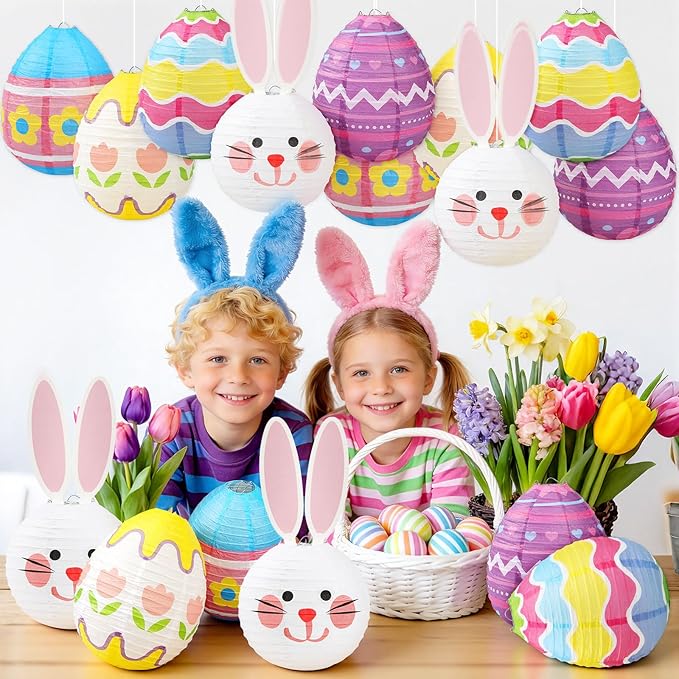 DECYOOL 12 Pieces Pastel Paper Lanterns, 8 Styles of Easter Egg Lanterns 4 Styles of Rabbit Lanterns Colorful Hanging Lantern Decor for Parties, Classroom Home Indoor Outdoor Celebrations