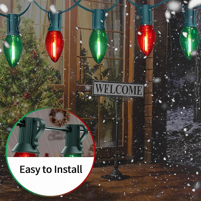 25FT C7 Christmas Lights Outdoor, Red Green Classic 2-Color LED String Lights for Roof, Fence, Tree, Traditional Holiday Decor