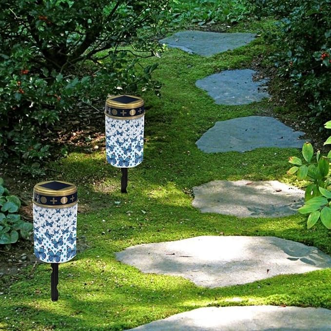 Cemetery Solar Lights Waterproof Solar Powered Grave Lights Blue Butterfly Landscape LED Flameless Candle Grave Decor Memorial Gift Garden Decor