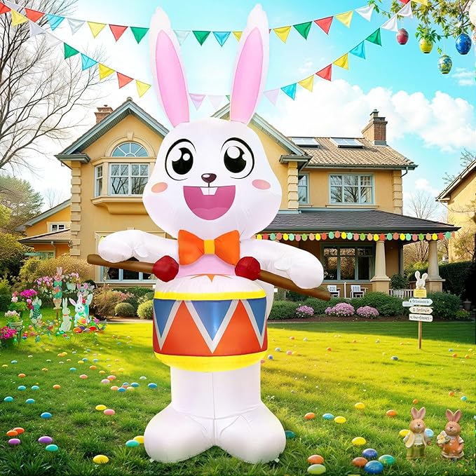 OurWarm 8FT Easter Inflatables Outdoor Decorations, Drumming Inflatable Easter Bunny Decor with Built-in LED Lights, Easter Bunny Blow up Inflatable for Outside Garden Lawn Holiday Party Yard Decor
