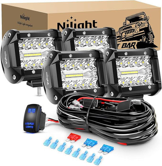 Nilight 4" LED Light Pod Blue Triple Row 2PCS 60W Flood Spot Combo Driving Fog Lights Fishing Hunting Emergency Safety Signal Deck Trailer Lights for UTV Pick-up Van Boat Tractor, 2 Years Warranty