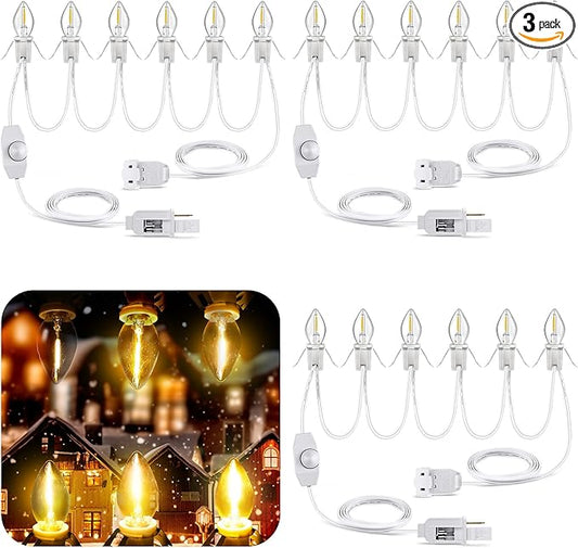 Meonum Christmas Village Lights with 6 LED Light Bulbs, 15 Feet Accessory Cord with C7 Lamp, Rotary On/Off, Female/Male Plugs, Spare Fuses, Blow Mold Light for Village House Craft Decorations(3 Pack)