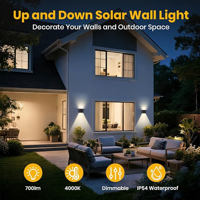 Solar Wall Lights, 4000K 700LM Up and Down Solar Lights Outdoor Waterproof, Super Brightness Cube Design LED Solars Outdoor Light Decorative for Porch Patio Yard Fence, 1pcs