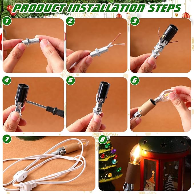 Honoson 3 Pack Small Christmas Tree Wiring Kit with LED Bulb, Ceramic Christmas Tree Replacement Lights, E12 Candelabra Base, Lamp Wiring Kit Nice for Desk Lamp Lighting and DIY Projects