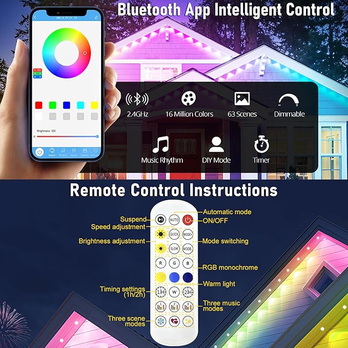 MUCCCUTE Permanent Outdoor Lights for Easter100ft RGB + IC Eaves Lights with App & Remote Control, Outdoor String LED IP67 Waterproof for Holidays New Year July 4th Roof Eaves House Garden Decor