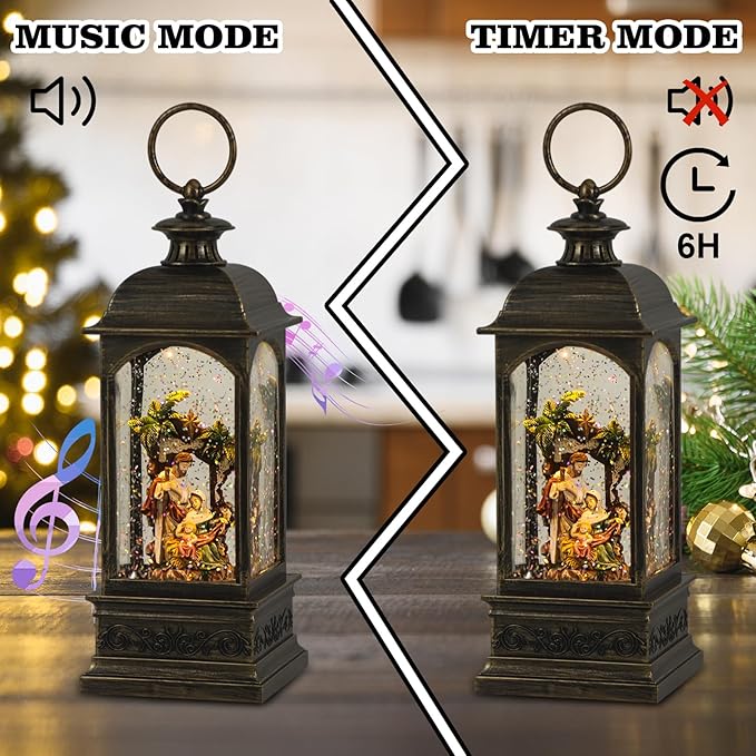 DRomance Nativity Music Snow Globe Lantern with Timer Battery Operated & USB Powered Lighted Singing Snow Globe Lamp Spinning Water Swirling Glitters Christmas Holiday Decor 3.7 x 3.7 x 11.4 Inches
