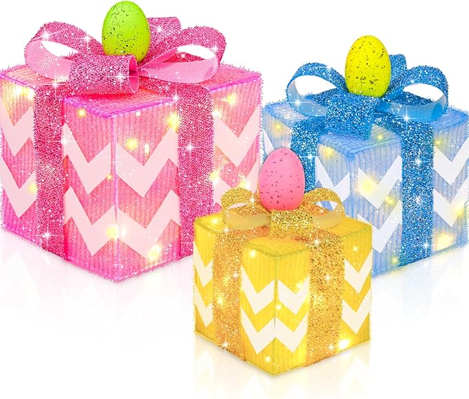 Timer & 8 Mode 3 Pack Easter Decorations, Pink Blue Yellow Easter Lighted Gift Boxes with Eggs Glitter Bow 60 LED Battery Operated Present Box, Easter Decor Spring Party Indoor Outdoor Home