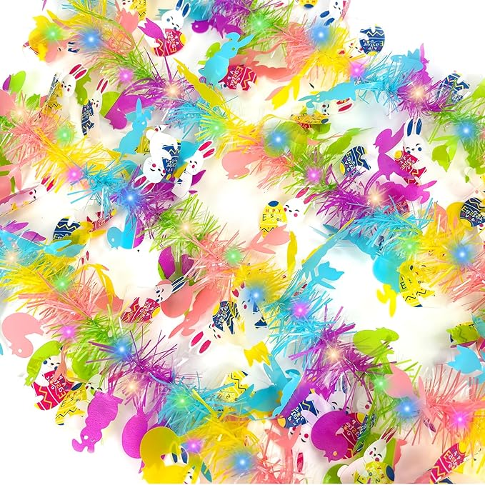 33ft Easter Tinsel Garland with Lights, Colorful Bunny Egg Chick Tinsel Spring Decor, Hanging Easter Decorations for Home Indoor Outdoor Mantle Tree