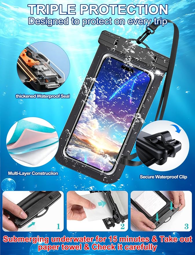 Famoby Up to 8.3" 3 Pack Multicolor Universal Waterproof Phone Pouch, Large Phone Waterproof Case Dry Bag,Protection Level: IP68,Outdoor Sports for Apple iPhone,Samsung,and More,Black,Blue,Pink