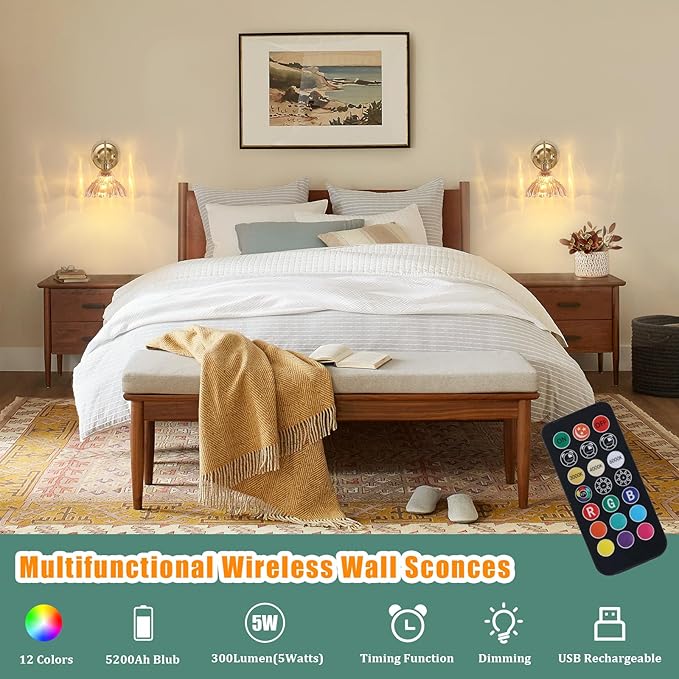 Battery Operated Wall Sconce Set of 2, Vintage Rechargeable Wall Lights with Amber Lily Glass Shade, Wireless Indoor Wall Lamp with Remote for Bedroom Living Room Bathroom