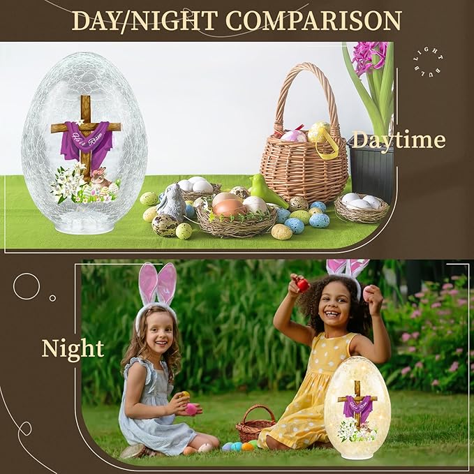 Easter Egg Light Decorations, 8.27'' Balls Crackle Glass Tabletop Decor He is Risen Night Light Spheres Decorative Balls Glass Orb Table Lamps Festive Home Accent