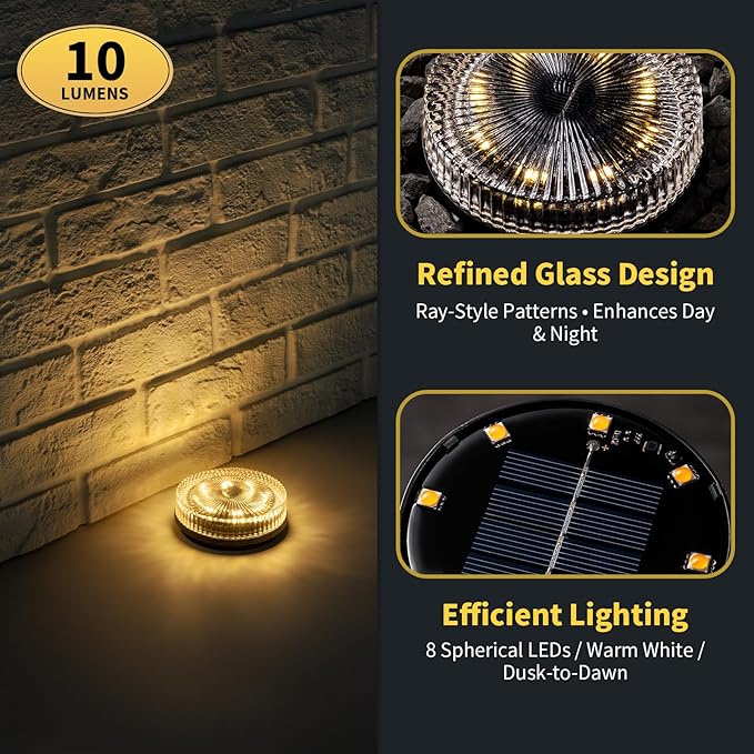 Glass Solar Ground Lights with Ray Style, Modular-Design Waterproof In-Ground Light for Patio Pathway Lawn Yard Deck Walkway, Decorative Disk Lighting for Garden Bed, Warm White (8 Pack)