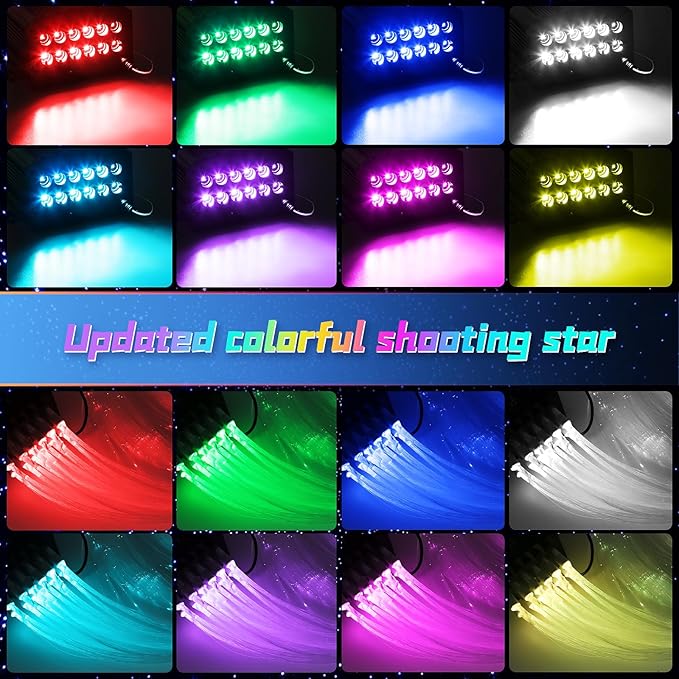 4 Colors 32W Twinkle & Meteor Car Starlight Headliner Kit, 2-in-1 Light Engine 500pcs*0.03in*13.1ft+240 RGBW Fiber Optic Cable Ceiling Star Lights, Shooting Star Roof Lights for Car Home Theater