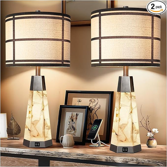 27" Natural Alabaster Table Lamps for Living Room, Bedroom Lamps Set of 2 with Night Light, Living Room Lamps with USB A+C Ports, Table Lamp with Linen Shade for Bedside (Bulbs Included)