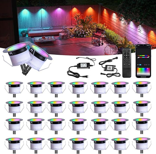 FVTLED Recessed LED Deck Lights Kit, Φ1.77 Low Voltage WiFi Pixel RGBW+IC Deck Lighting Work with Alexa/Google Home, IP67 Waterproof Outdoor Step Lights DC12V for Garden,Steps,Stair(30 Pack, Black)