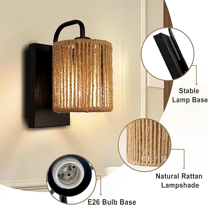 Boho Wall Sconce, Rattan Wall Light Fixtures with Hemp Rope Sconces for Living Room Bathroom Hallway Rustic Bohemian Modern Woven Scocne E26 10inch
