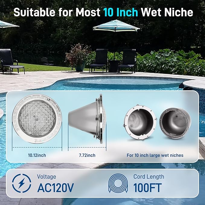 CAtArt 10 Inch Pool Light for Inground Pool (White), AC120V LED Pool Lights Suitable for 10 Inch Wet Niche, 35W, 100 Foot Cord