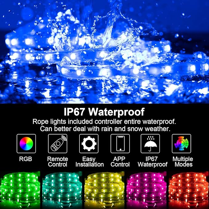 131ft Outdoor LED Strip Lights Waterproof,RGB LED Rope Lights Outdoor Waterproof Color Changing APP Remote Control Music Sync,36LED/m Flexible Rope Lights for Outside Camper Pool Deck Christmas