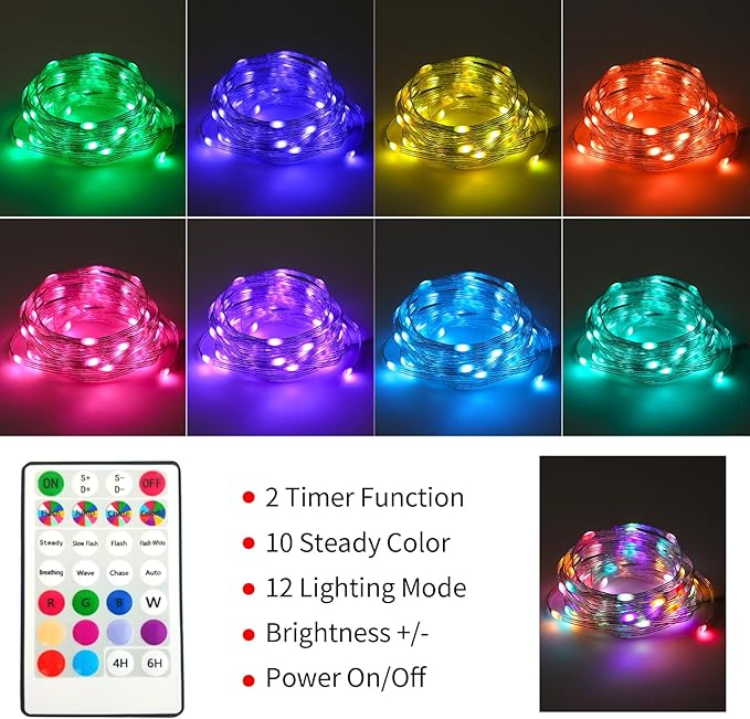Battery Operated Fairy Lights Color Changing String Light with Remote, 16.4FT 1-Pack Twinkle LED Lights USB Plug or Battery Powered, Outdoor Christmas Decorations for Bedroom Party Indoor