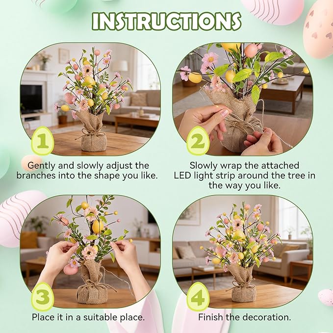 Easter Decorations, Pre-Lit Easter Egg Tree Tabletop Decor with Delicate Ornaments, for Home Easters Party Wedding Holiday Spring Summer Kitchen Dining Table Decor (Pink)