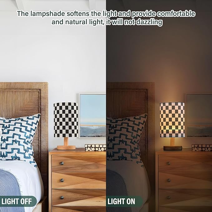 Black and White Checkered Bedside Table Lamps with USB Port for Bedroom Lamp Accent Table Lamp Small Nightstand Lamp Sturdy Linen Shade Wooden Base Decorative Lamps for Kids|Reading|Dorm|Home
