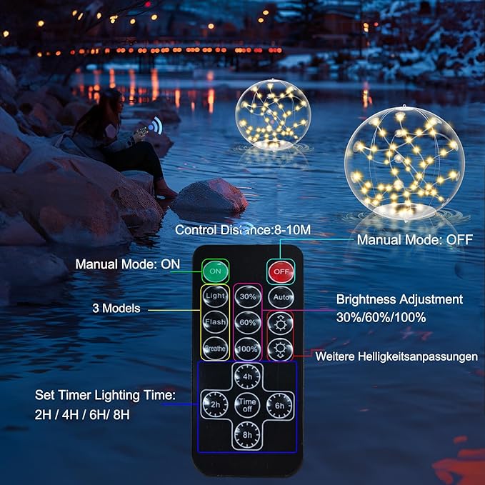2 Pack Outdoor Solar Pool Lights, 14.5" Floating LED Light Up Balls with Remote, 3000K Warm Glow, Dimmable & Auto On at Dusk, IP68 Waterproof, 3 Modes – Perfect for Garden, Pool, Beach & Party