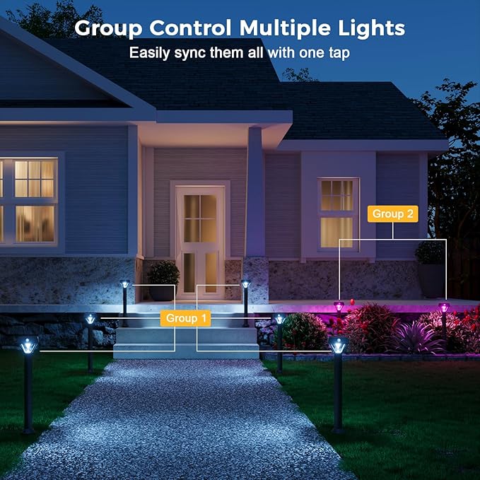 XMCOSY+ Smart Solar Pathway Lights, Bluetooth APP Control with Motion Sensor, 150LM RGBCW Color Changing Landscape Lighting for Yard, Garage, Garden, Lawn, IP65 Waterproof, 4 Pack