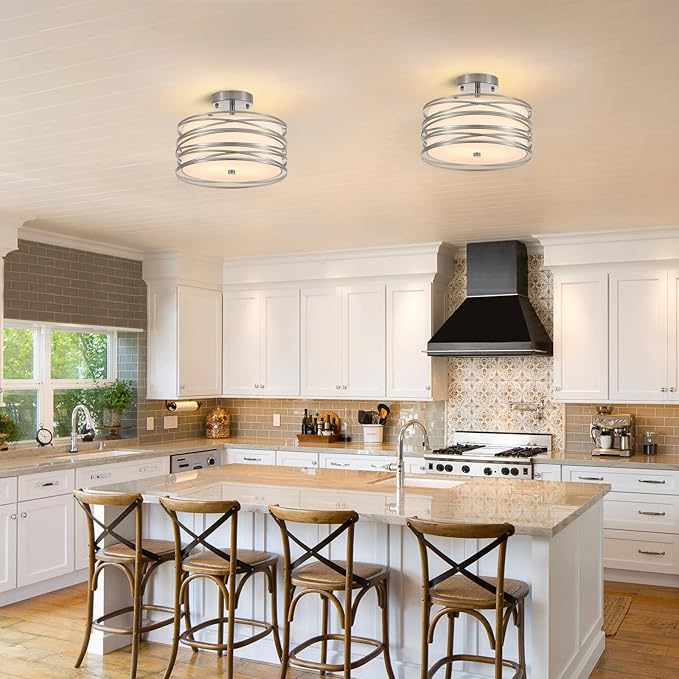 Drum Semi Flush Mount Ceiling Light Fixture Vintage 12.2" Modern Farmhouse 2-Lights Linen Drum Ceiling Lighting Rustic Chrome Ceiling lamp for Dining Room, Bedroom, Laundry Room