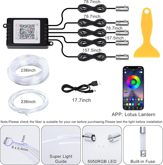 Interior Car LED Lights Wireless APP Control 5 in 1 RGB Ambient Lighting Kit with 236" Fiber Optic, 16 Million Colors Music Sync Waterproof LED Strip Lights for Cars Trucks SUVs Auto Interior Decor