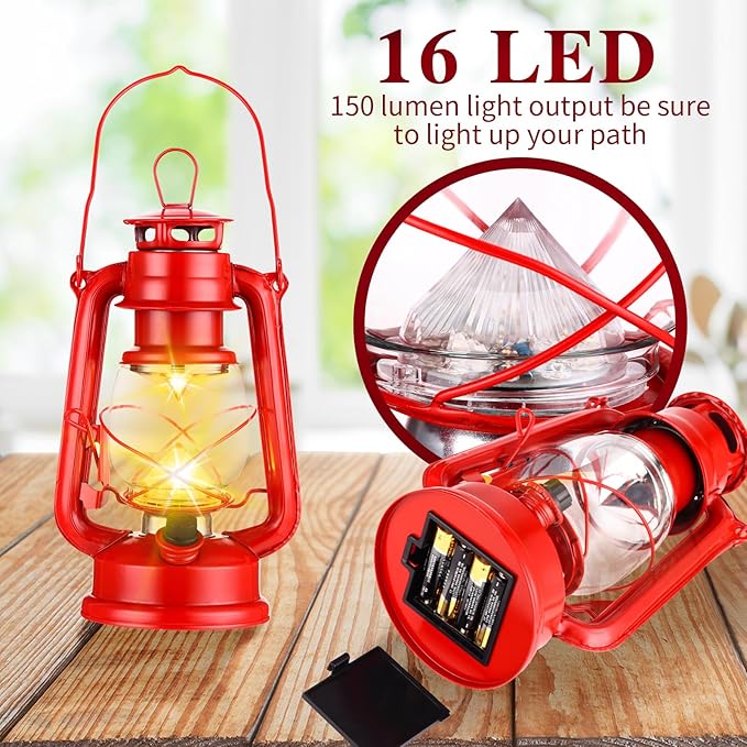 Riakrum 4 Pcs Vintage LED Hurricane Lanterns 9.5 Inch Warm White Old Hurricane Lamps Battery Operated Hanging Lanterns with Dimmer Switch for Indoor Table Centerpieces Outdoor(Red)