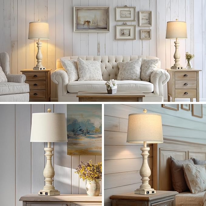29" Tall Vintage Table Lamps Set of 2,Farmhouse Bedside Lamps with USB C+A Ports & AC Outlet,3-Way Dimmable Touch Lamp for Night Stands Living Room Bedroom,Beige