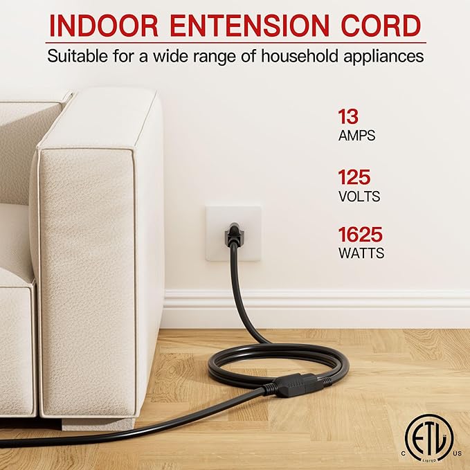 16/3 Indoor Extension Cord 15 FT, Black Extension Cord Flexible & Durable, 3 Prong Power Cable, Suitable for Home and Office, 13 Amp 1625 Watt 125VAC 16AWG, ETL Listed