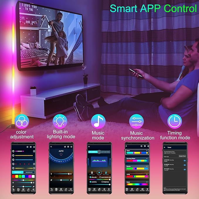 Smart RGB Corner Floor Lamp, 5.3FT Height LED Standing Lamp with APP/Remote Control, for Living Rooms, Bedrooms, and Gaming Rooms