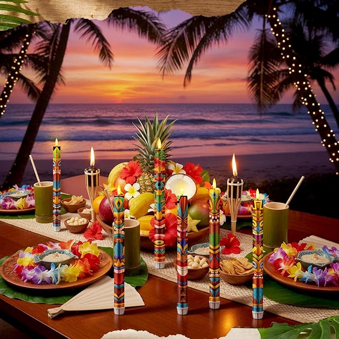 6 Pcs Tribal Tiki Flameless Candles Hawaiian LED Flameless Candle Set Battery Operated Taper Flickering Candles Luau Celebration with Remote for Summer Holiday Tiki Bar Party Table Decor Gift
