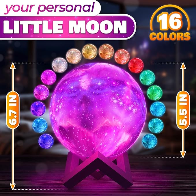 LED Galaxy Lamp 5.9" - 16 Colors, 4 Modes Mesmerizing 3D Moon Lamp with Touch & Remote Control, Wooden Stand, USB Charging - Printed Moon Night Light with Realistic Design | Party in The Dark Decor