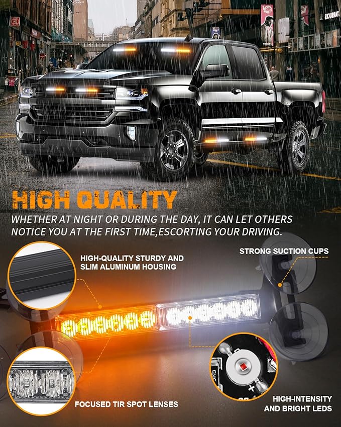 XRIDONSEN 2x 10.7 inch Emergency Strobe Lights 24 LED Amber White Warning Flashing Safety Dash Side Window Front/Rear Windshield Lights Traffic Advisor Bar for Tow/Plow Trucks Construction Vehicles