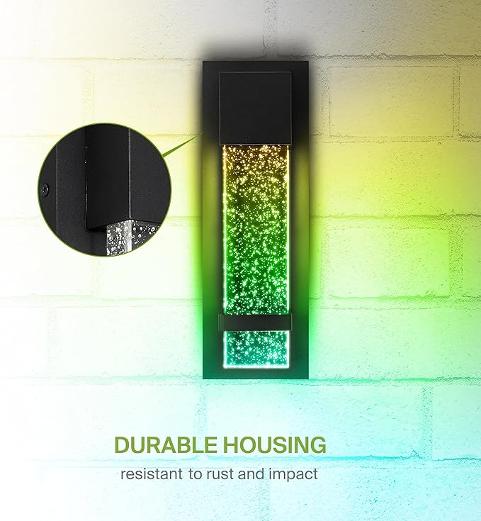 ASD LED 13 Inch Bubble Glass Wall Light Fixture | 9W 250LM RGB-3000K-5000K 100-277V | Multicolor, Waterproof, ETL Listed | Exterior Flush Mount Sconce, Outdoor-Indoor Lighting | Black, 2 Pack