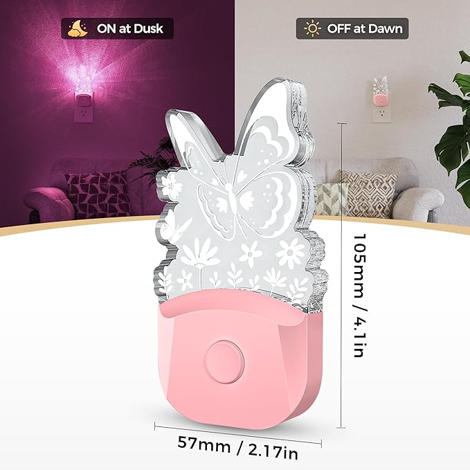 DORESshop Night Lights Plug into Wall [2 Pack], Butterfly Night Light Plug in with 8-Color RGB, Dusk-to-Dawn Sensor, Rainbow LED NightLight for Bathroom, Cute Room Decor,Boys Girls Christmas Gift