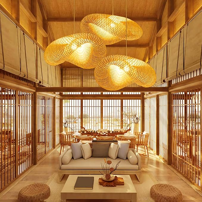 COSYLUX Farmhouse Rattan Pendant Light Fixture for Kitchen Island, Dining Room, 22'' Hand-Woven Bamboo Hanging Lamp, Rattan Chandelier Bird Nest Shape Pendant Light for Bar Cafe Living Room