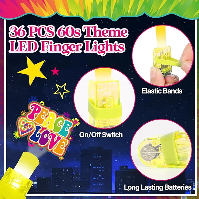 36Pcs 1960s Retro LED Finger Lights Groovy Party Favors Glow in the Dark Light Up Finger Lights Back to 60s Themed Bulk for Birthday Party Goodie Bag Stuffer Birthday Gifts Prize