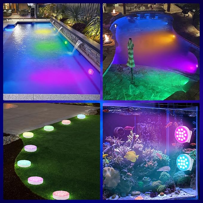 Pool Lights with Remote Control, 16 Colors, IP68 Waterproof, Rechargeable Submersible LED Lights, Suitable for Above-ground and In-ground Pools, Hot Tub, Aquariums, Ponds, Party Decorations, 2 Pack