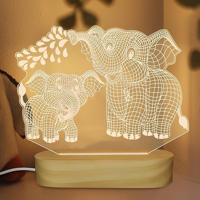 Elephant Shape 3D Crystal Acrylic Light with Wood Stand, LED Night Light for Kids Room Decor, Gift for Mom on Birthday or Holiday, Home Decor Art Display