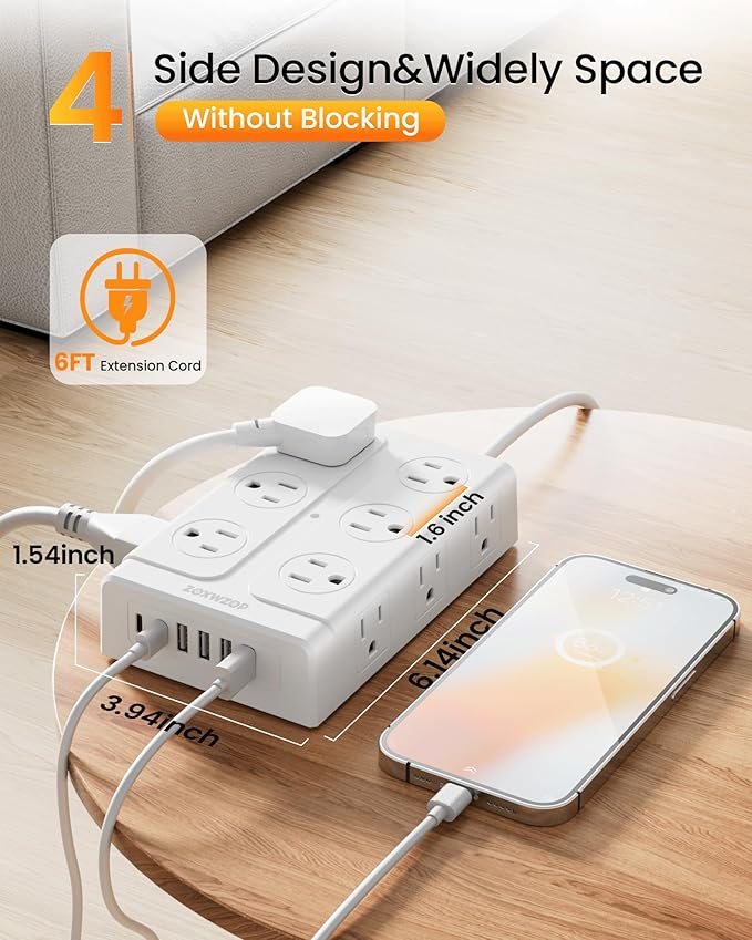 Surge Protector Power Strip - 12 Outlets(1850W/15A) 6 USB Ports（2 USB C, 6FT Flat Plug Extension Cord, Wall Mount Multi Plug Outlet Extender, ETL Listed for Home, Dorm Room