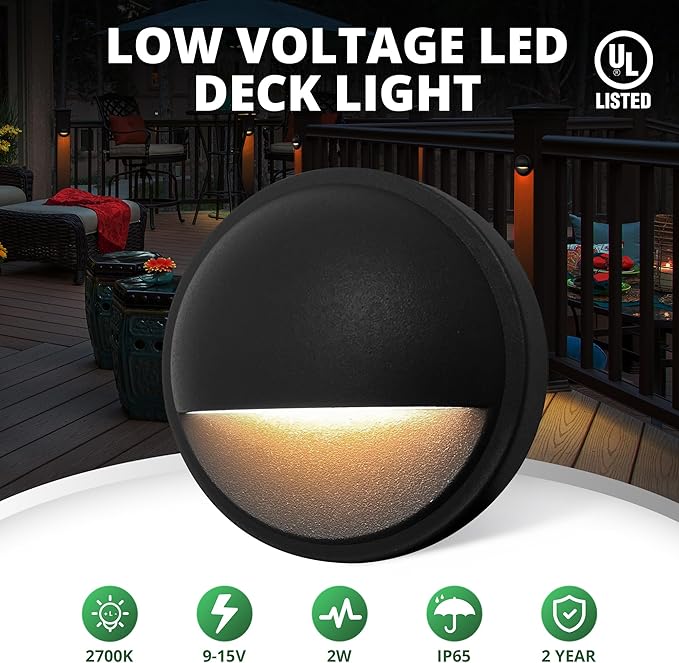 GKOLED Low Voltage Deck Post Lights, LED Landscape Stair Riser Step Fence Lighting Fixture, Die-cast Aluminum 12V AC/DC Light, Black Powder Coated Finish, Complete Light UL-Listed, 6-Pack