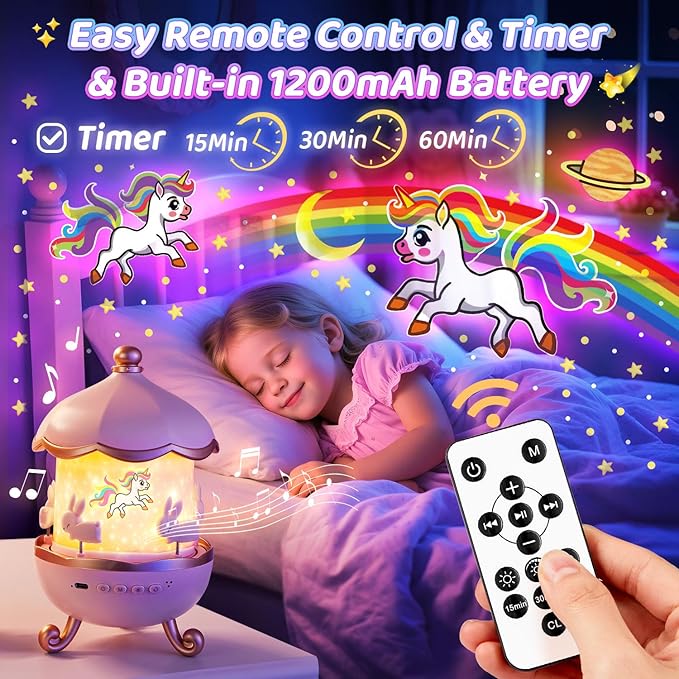 One Fire Night Light Projector for Kids,315 Lighting+15 Films+15 Music Sound Machine Baby, 360°Rotate+Remote+Dimmable Ceiling Star Projector for Kids Room Decor,Unicorn Toys Birthday Gifts for Girls