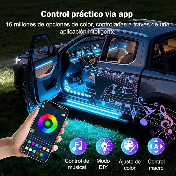 Car Interior LED Lights - 4PCs RGB Strip Lights with Bluetooth APP Control, Music Sync/DIY Mode, USB-Powered Ambient Lighting Kit for Cars, Trucks, SUVs (Universal Fit)