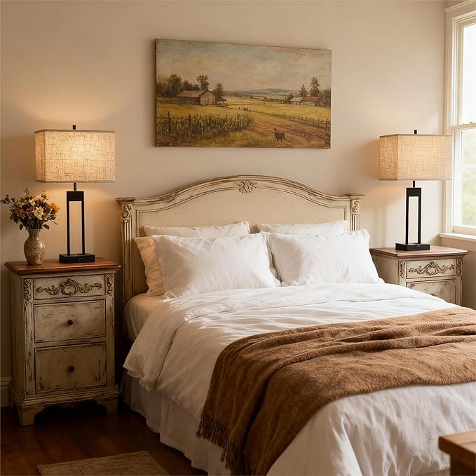 25.5’’ Nightstand Table Lamps for Bedrooms Set of 2, Bedside Lamp with USB C+A, 3 Colors Changeable Living Room Lamps for End Tables, Modern Night Stand Lamps for Bed Side Guest Room Office Reading