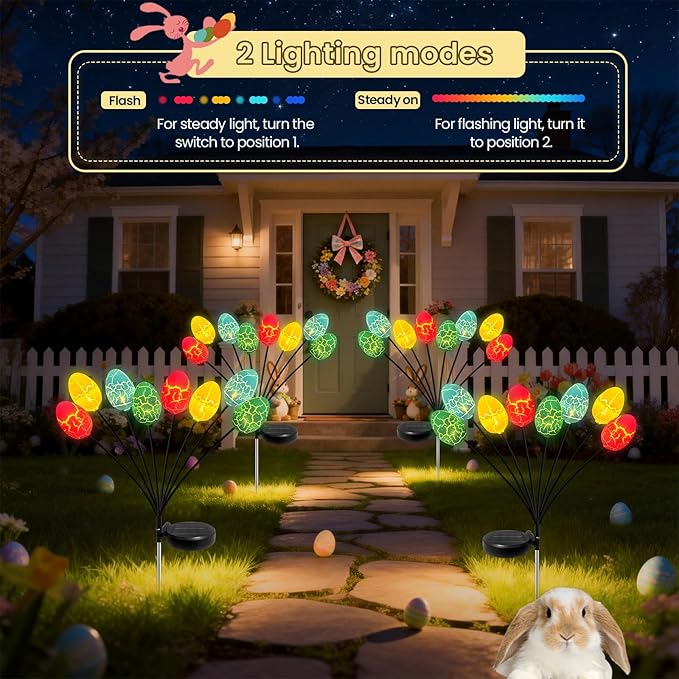 4 Pack Solar Easter Egg Lights with 32 Multicolor LED Eggs, Waterproof Colorful Solar Powered Outdoor Lights for Yard, Pathway, Porch & Patio - Easter Decorations