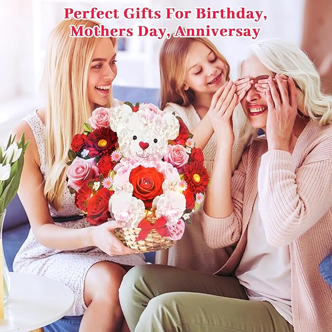 Birthday Card with MUSIC & LIGHTS, Pop Up Mothers Day Card & Anniversary Card, 10 Inch Bear Rose Forever Bouquet Mothers Day Gifts for Her Women Mom Wife