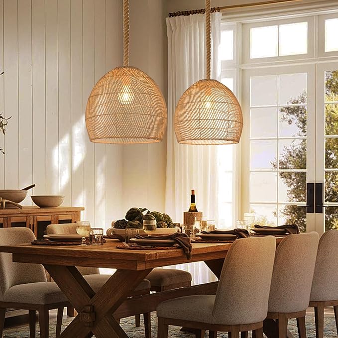 Arturesthome Natural Rattan Pendant Light for Kitchen Island, Woven Lamp Shade Chandelier, Hanging Ceiling Light, Handmade Lampshade Rope Lamp D15.7in*13.7in